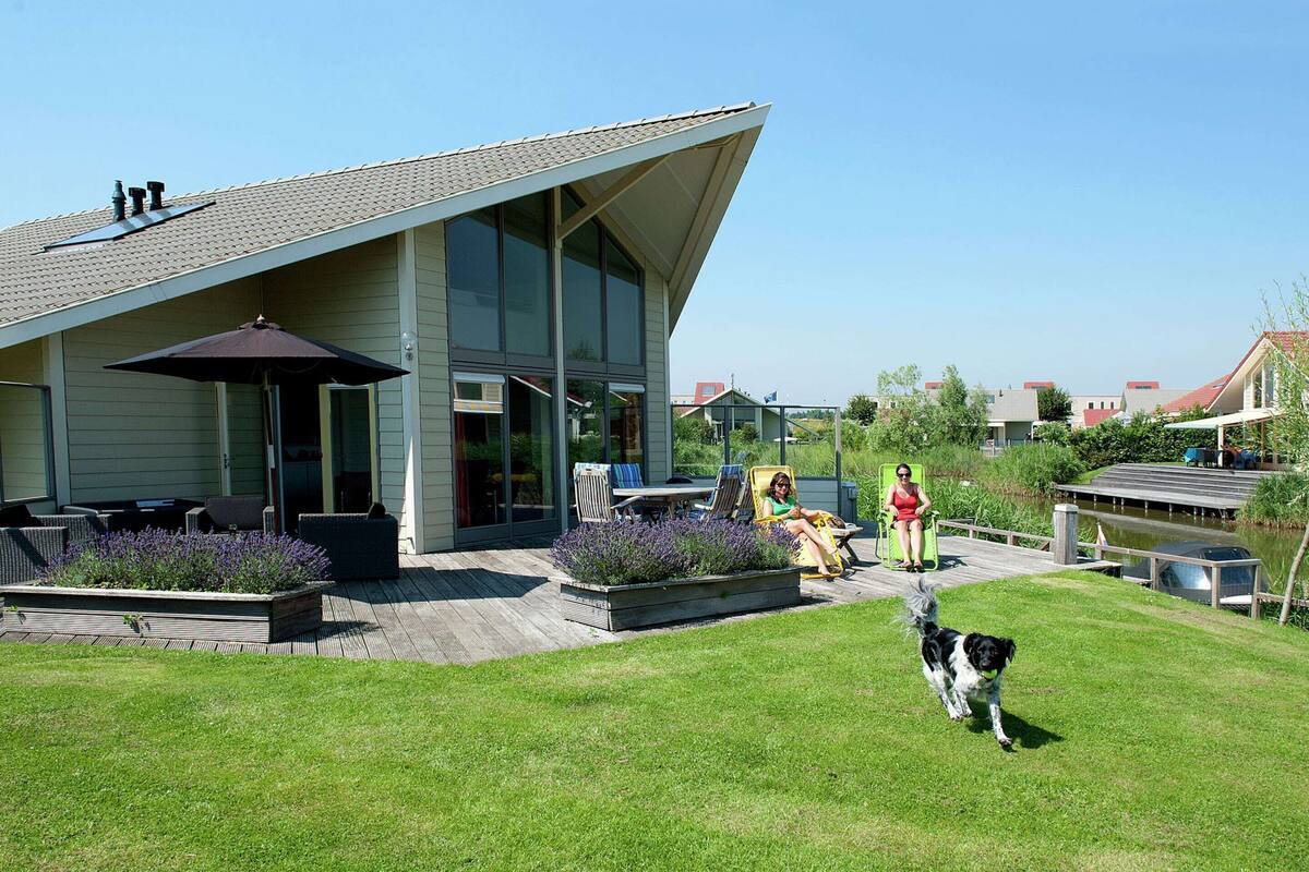 A modern house with a patio, outdoor furniture, and a dog.