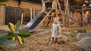 A child standing in a sandy play area with a slide and climbing structures. - Spledid Villa With Sauna and Whirlpool in Limburg (Roggel)