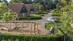 A residential area with houses, a driveway, and a car. There are wooden play structures and well-maintained gardens. - Carefully Furnished House with Bath near Mookerplas (Plasmolen)