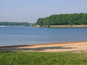 A lakeside view with a sandy beach, calm water, and a forested area in the background. - Carefully Furnished House with Bath near Mookerplas (Plasmolen)