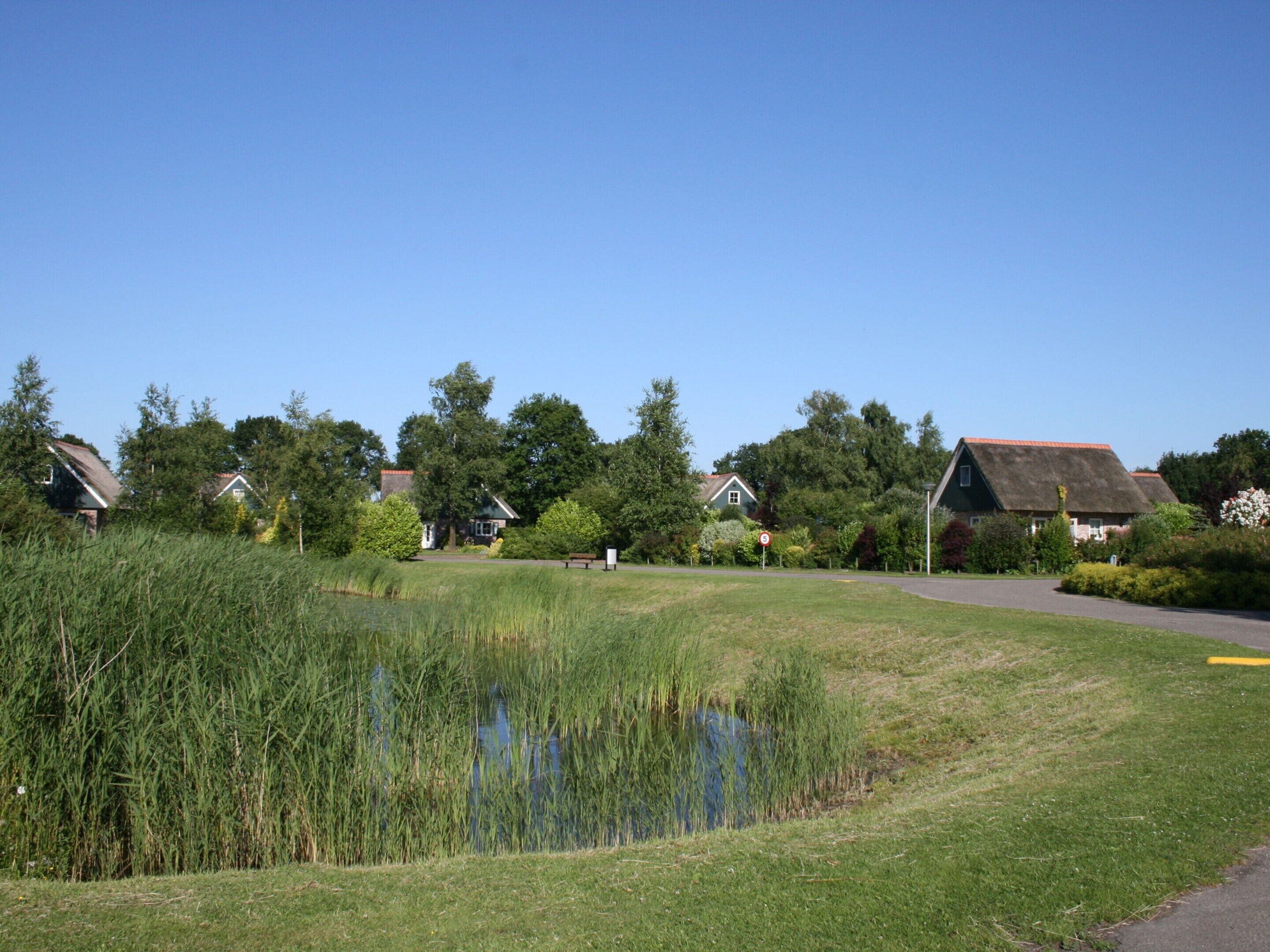 Ein friedlicher See mit Reetdachhäusern, einer grünen Wiese und blauem Himmel.