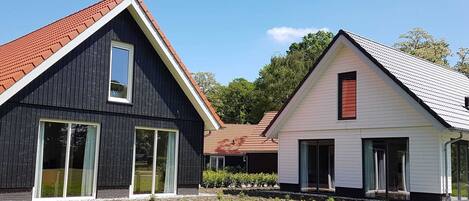 Two modern houses with distinct architectural styles, featuring large windows and different roof colors.