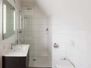 A modern bathroom with a glass shower enclosure, a white sink, and a toilet. - Luxury Villa on the Water (Ossenzijl)