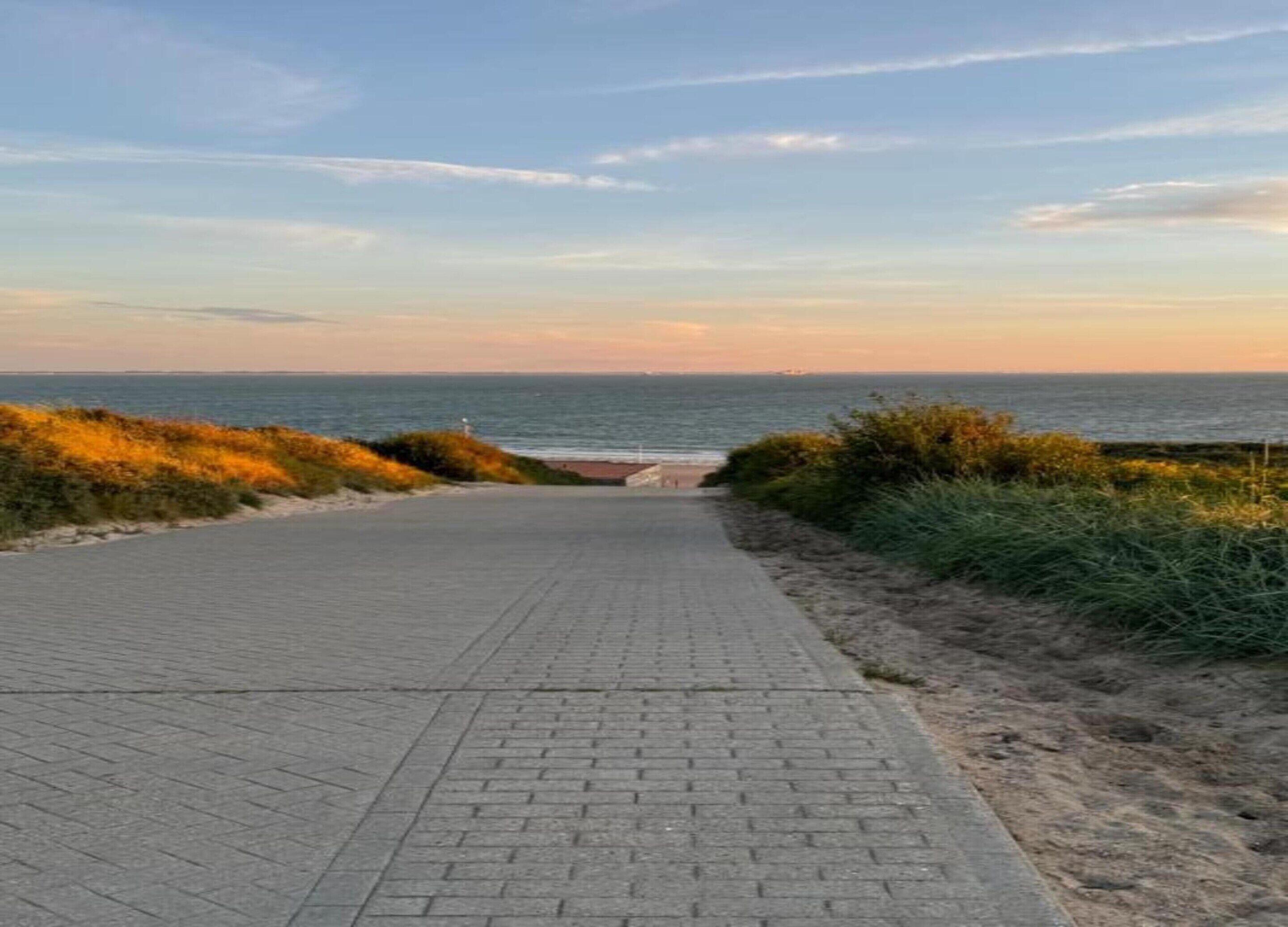 Un sendero pavimentado que conduce a una playa, flanqueado por dunas cubiertas de hierba.