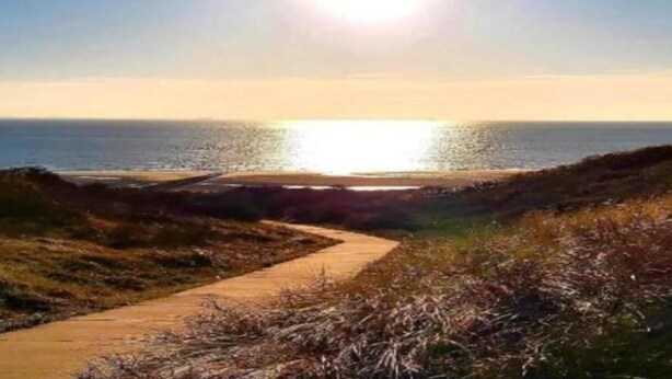 Een kustpad dat naar de zee leidt, met een heldere lucht en zon.