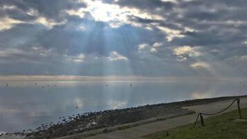 Ett stilla vattenområde med en stenig strand och en gräsklädd yta i förgrunden.