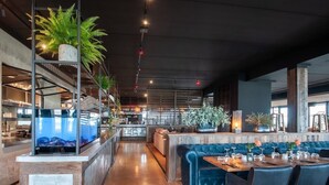 A modern restaurant interior with a bar area, seating, and decorative plants. - Villa Oesterdam 4 Persons (Tholen)