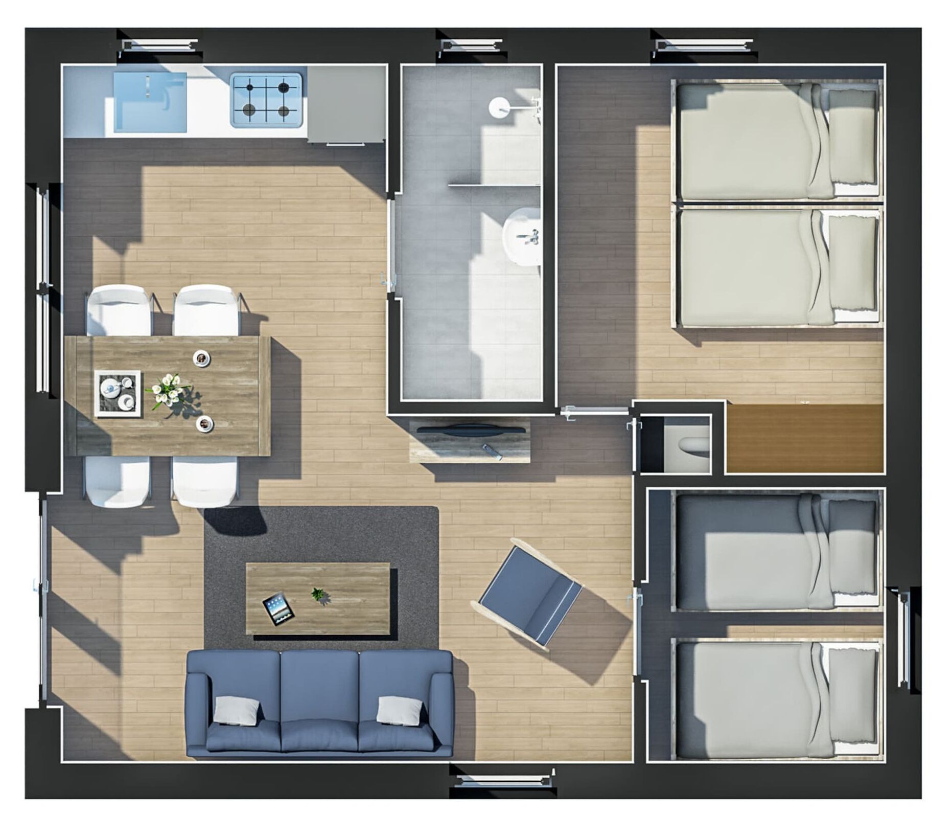 A modern hotel room layout with a dining area, a living room with a sofa, a separate bedroom with two beds, a bathroom, and a kitchen area.