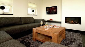 A living room with a sofa, coffee table, fireplace, TV, and windows with blinds. - Stylish Retreat in Hellendoorn (Hellendoorn)