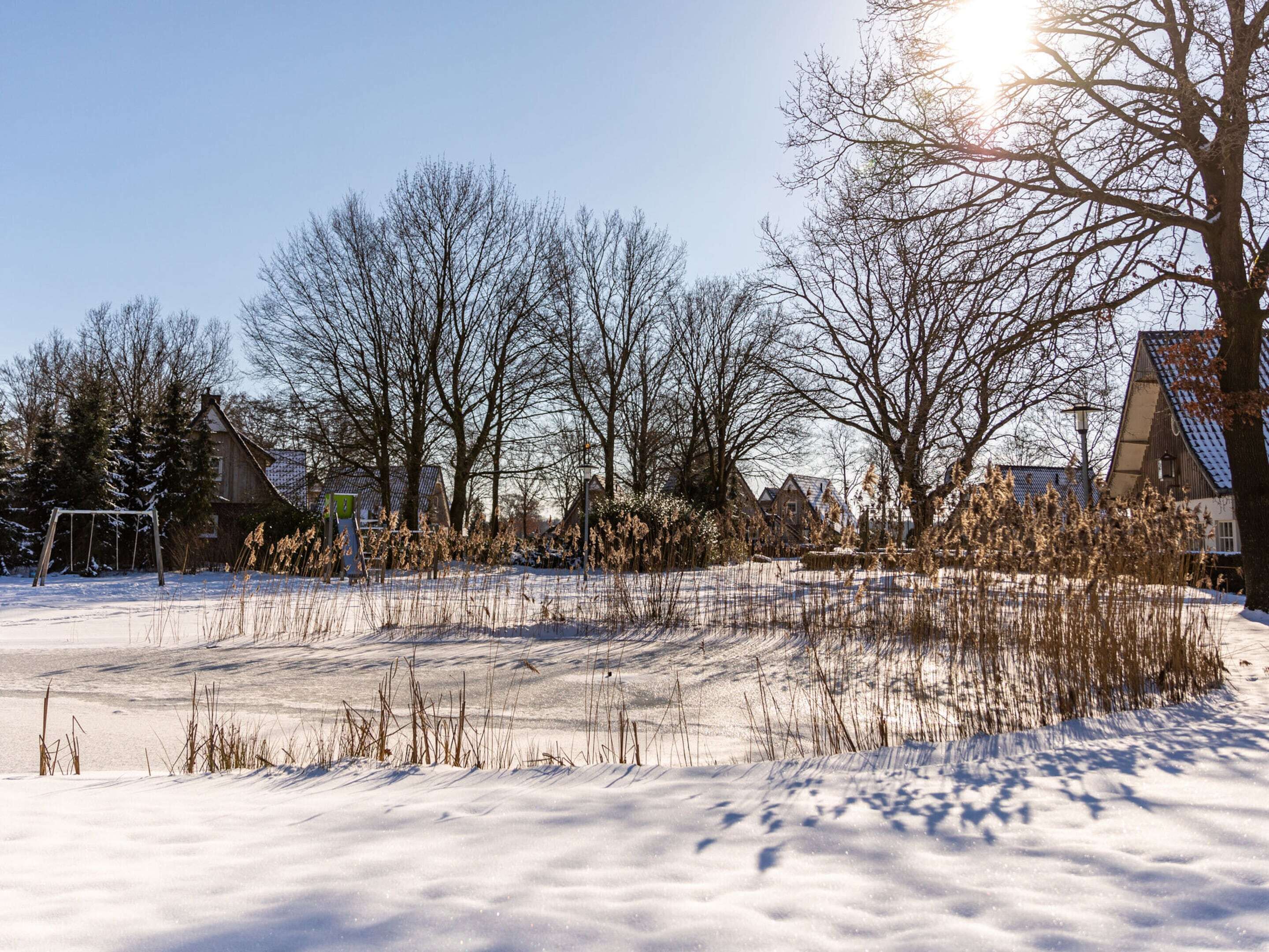 Un parque cubierto de nieve con árboles desnudos y un parque infantil.
