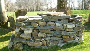 Un mur de pierres dans une zone herbeuse, avec des arbres en arrière-plan.