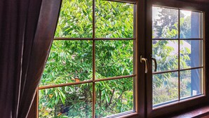 A window with a view of dense green foliage outside. - 3 bedroom lovely home in Nowe Warpno (Nowe Warpno)