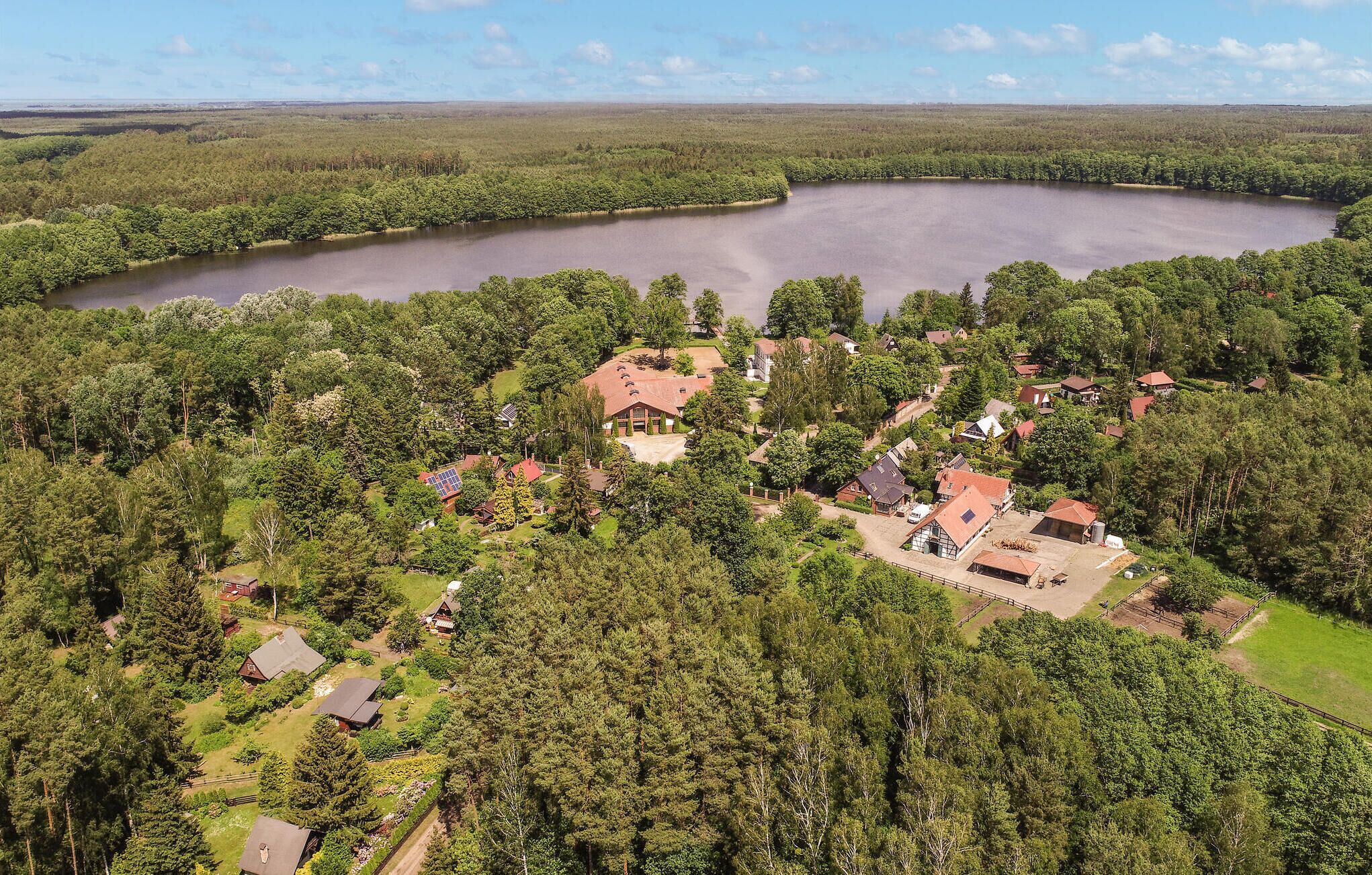 An aerial view of a residential area with houses surrounded by dense forest and a large lake.