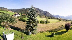 Ländliche Landschaft mit einem Haus, umgeben von Feldern und Bergen.