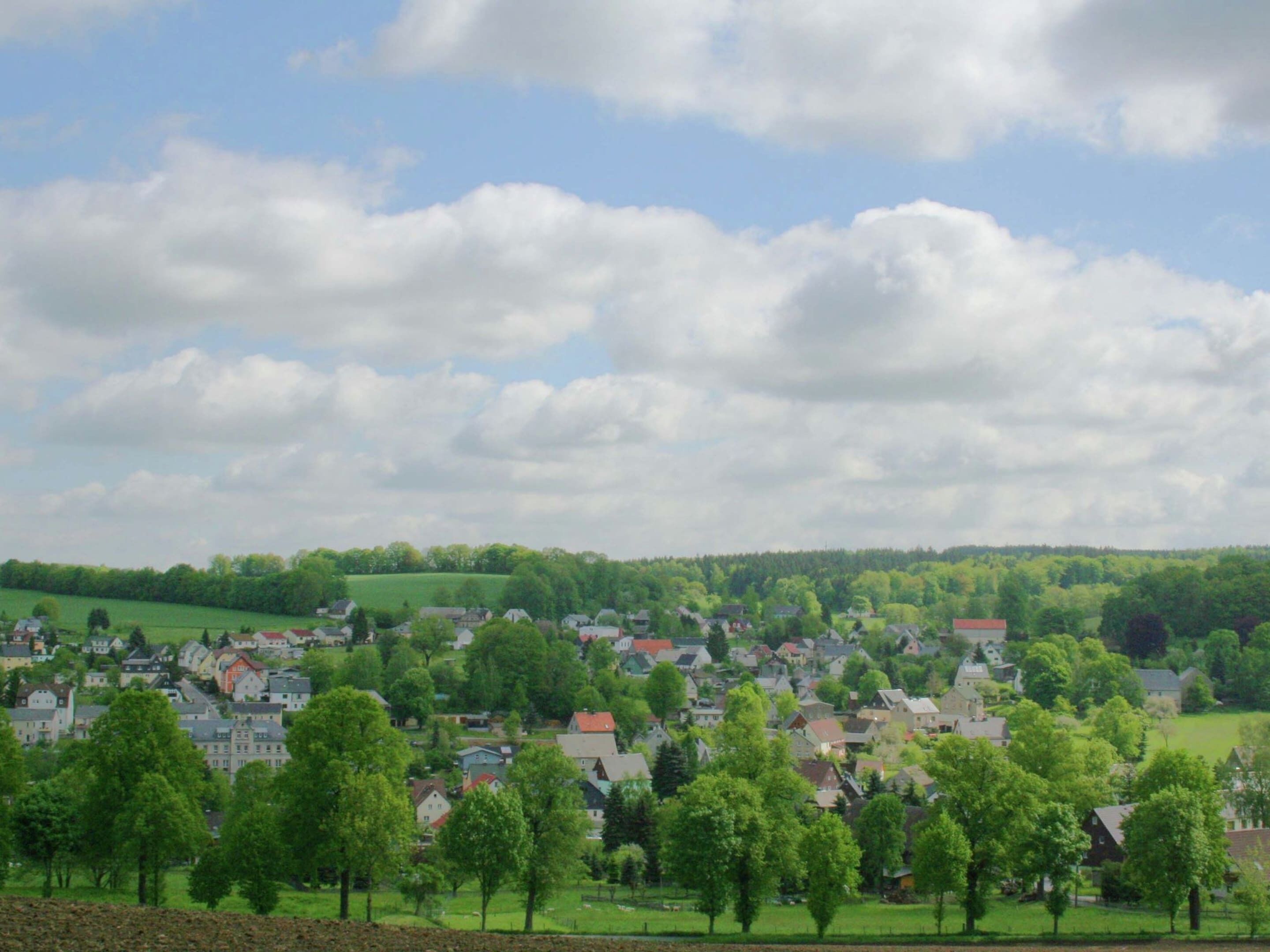 A rural village with houses surrounded by greenery and a clear sky.