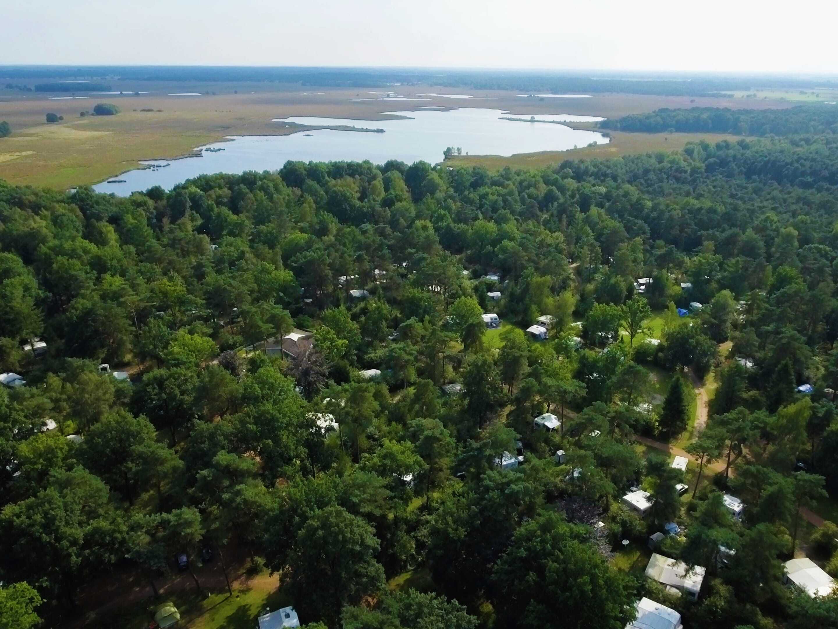 Ovenudblik over en campingplads med mange campingvogne og telte, omgivet af tæt skov og et stort vandareal i baggrunden.
