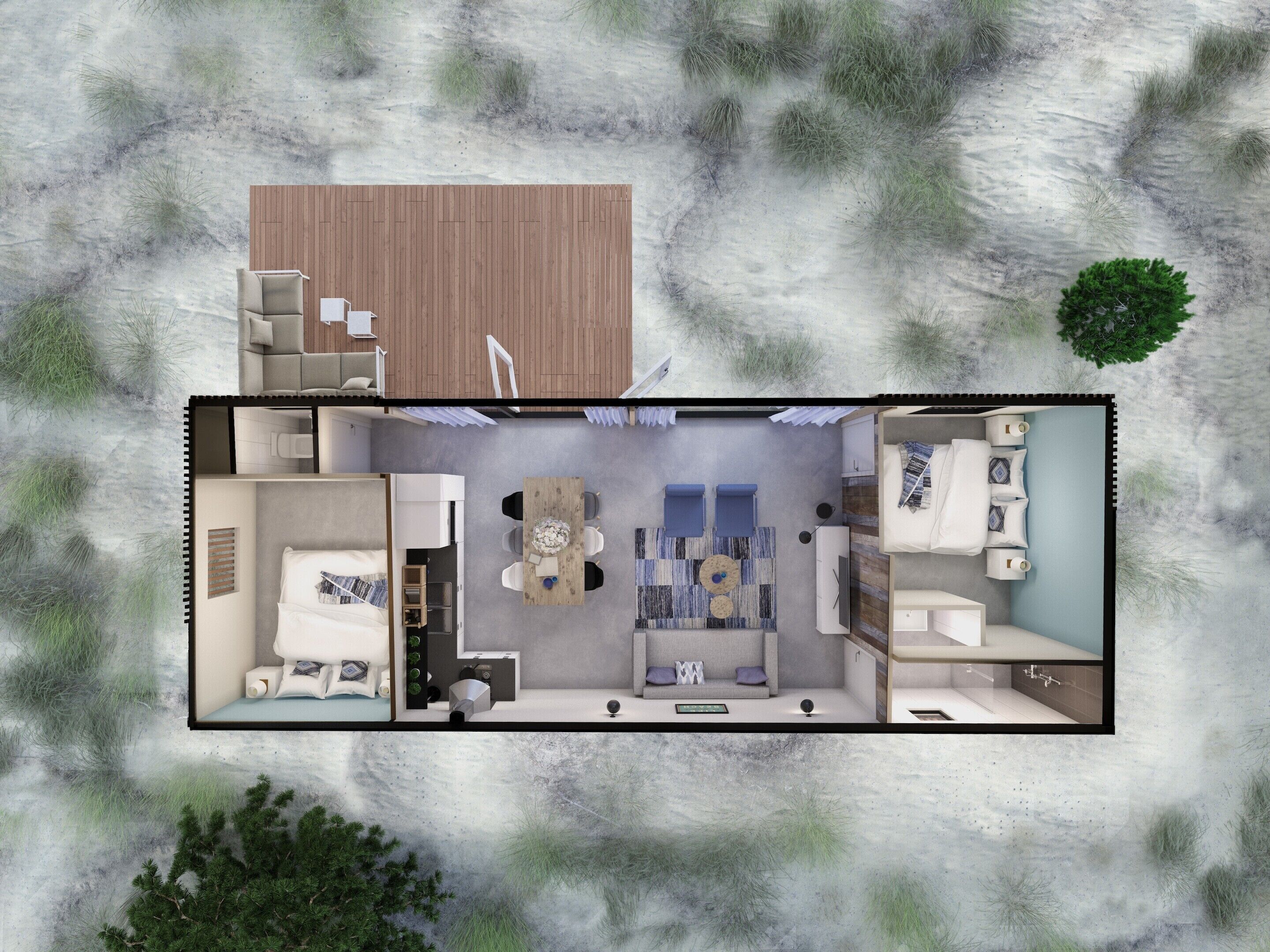 A modern, two-room apartment with a wooden deck, a dining area, a living room, and a bedroom.