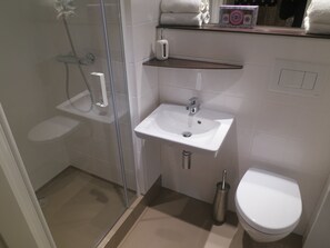 A bathroom with a glass-enclosed shower, a white sink, and a toilet.