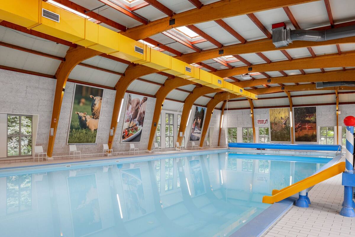 Une piscine intérieure dotée d’un haut plafond et de poutres en bois, entourée de grandes fenêtres et ornée de divers affiches sur les murs.