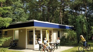 A small building with a porch, a bicycle, and a person riding a tricycle. - Holiday Park Escape in Drenthe (Dwingeloo)