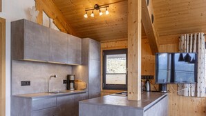 A modern kitchen with grey cabinets, a built-in stove, and a large window. - Chalet With Panoramic Sauna (Schladming)
