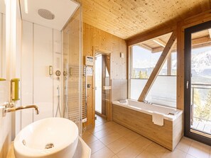 Chalet | Bathroom | Rainfall showerhead, hair dryer - Chalet With Panoramic Sauna (Schladming)