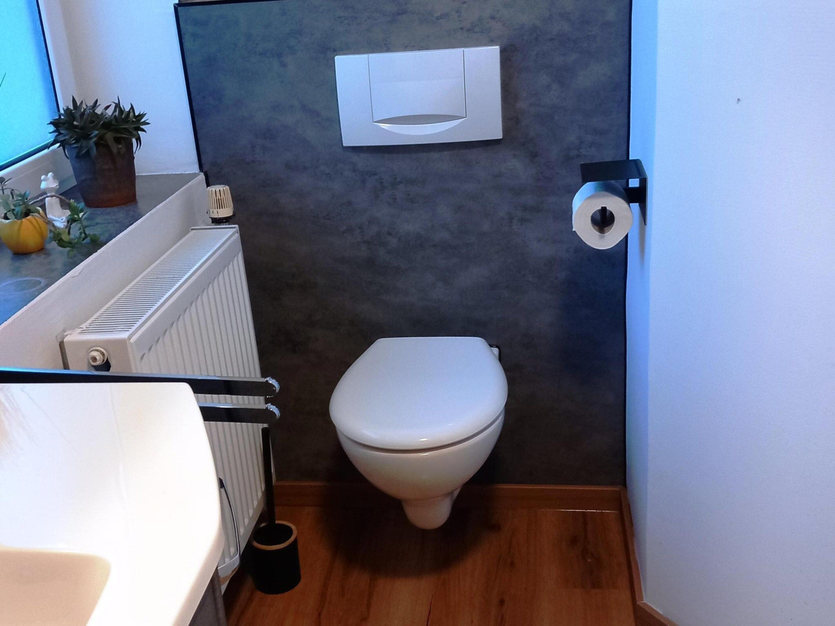 Une salle de bain avec des toilettes blanches, un radiateur, une plante en pot et un porte-rouleau de papier toilette fixé au mur.