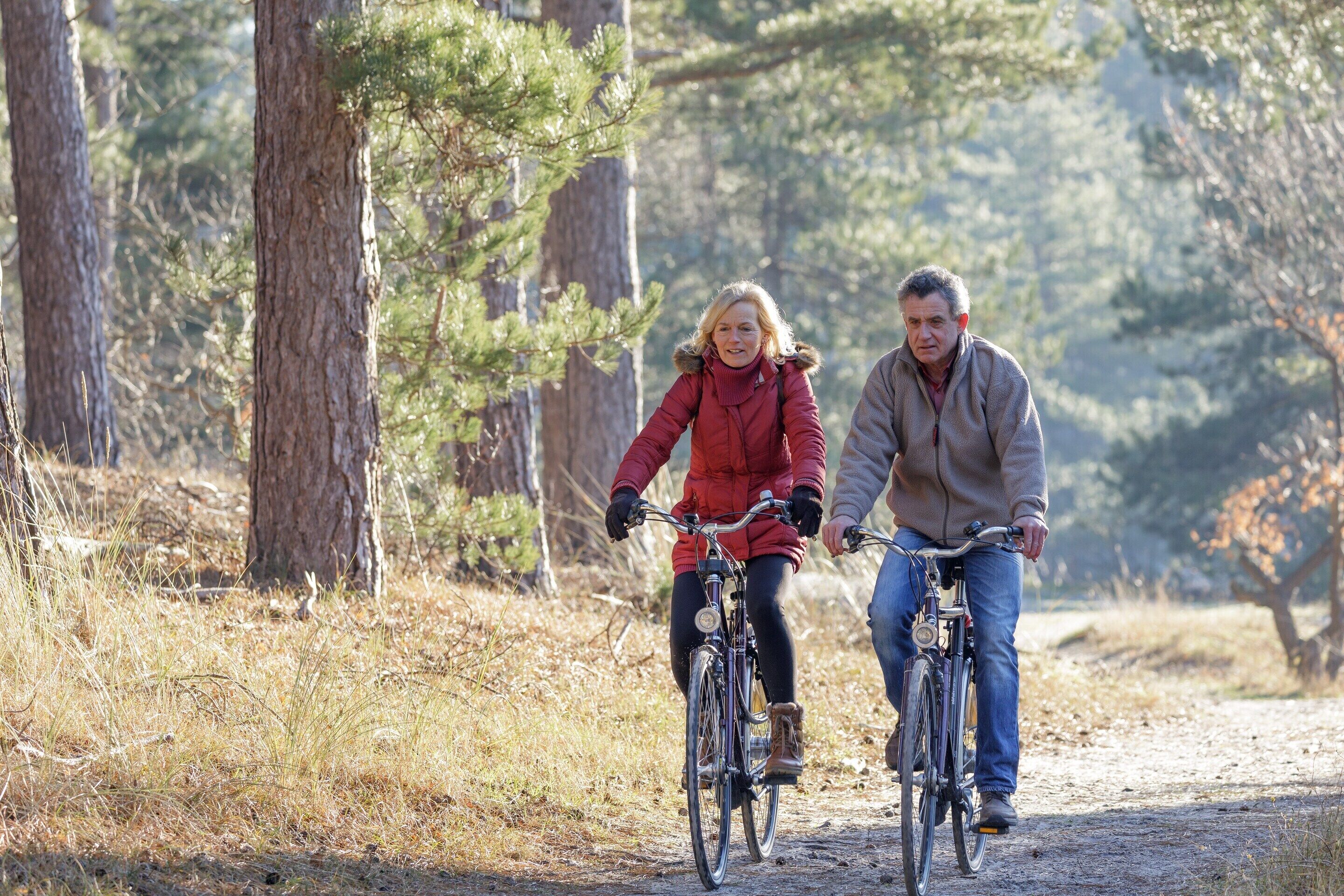 Two people riding bicycles on a dirt path surrounded by trees.
