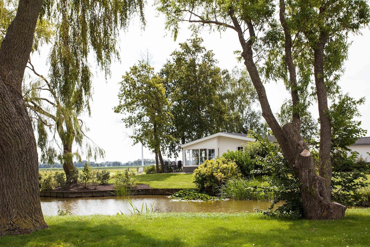 Une maison avec un étang, entourée d’arbres et de verdure.