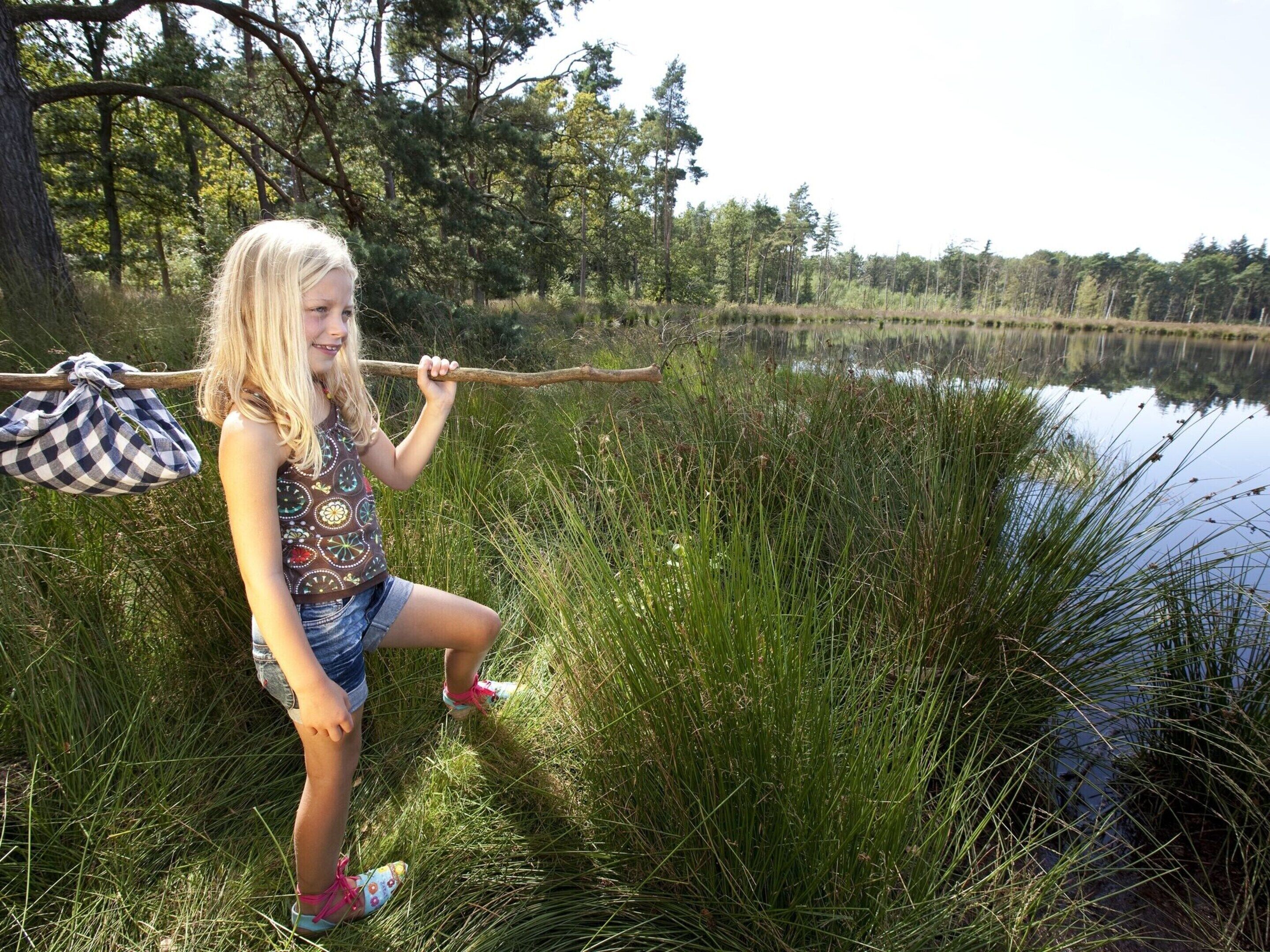 A person standing by a body of water surrounded by tall grass and trees.