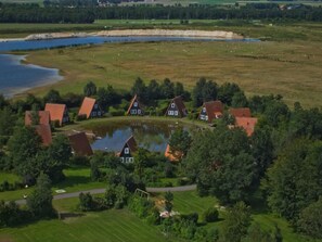 A rural area with houses, a pond, and a lake. - Detached Chalet in Tranquil Dutch Countryside (Bant)