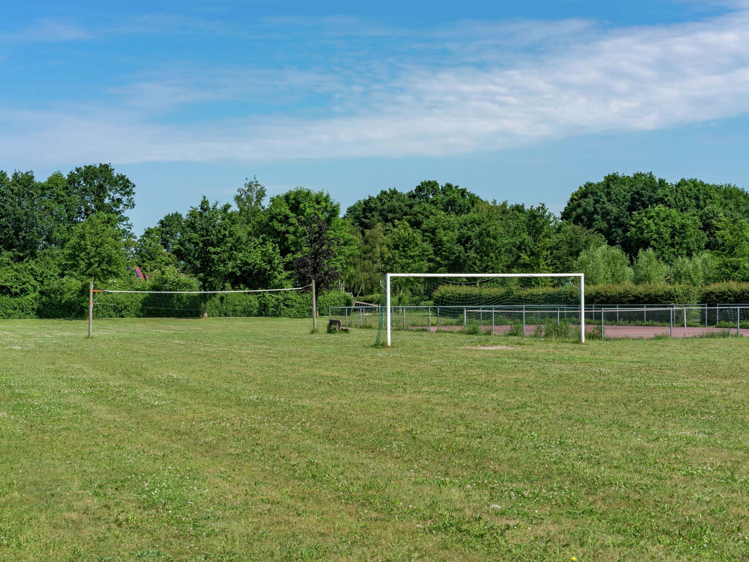 A soccer field with a goalpost and net, surrounded by trees and a clear sky.