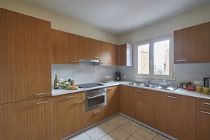 A modern kitchen with wooden cabinets, stainless steel appliances, and a window providing natural light. - Villa in France With Private Garden (Lanzac)