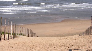 A beach with a wooden fence and waves in the background. - Well-furnished Home With a Porch Near the Sea (Noordwijk)