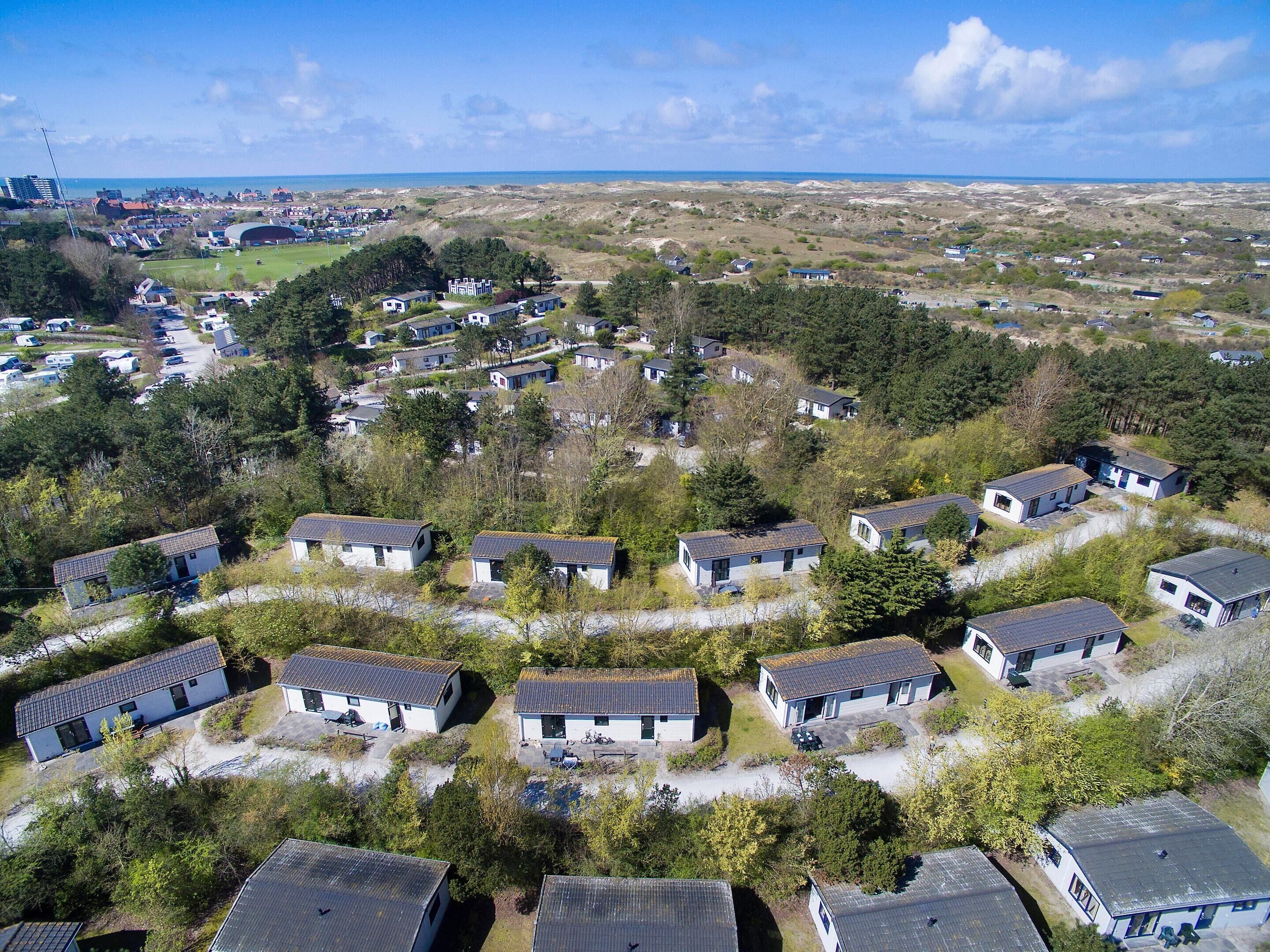 A residential area with multiple detached houses, some with attached garages, surrounded by greenery and a clear sky.