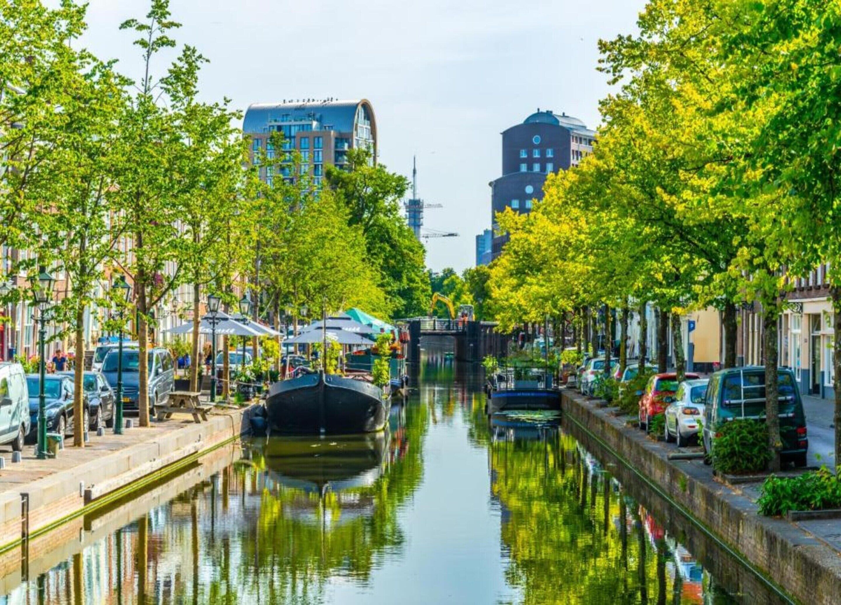 Ein Kanal, gesäumt von Bäumen und parkenden Autos, mit Gebäuden an beiden Seiten.