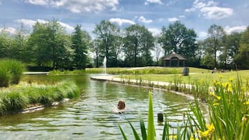 Um lago tranquilo com uma fonte, cercado por vegetação exuberante e um gazebo ao fundo.
