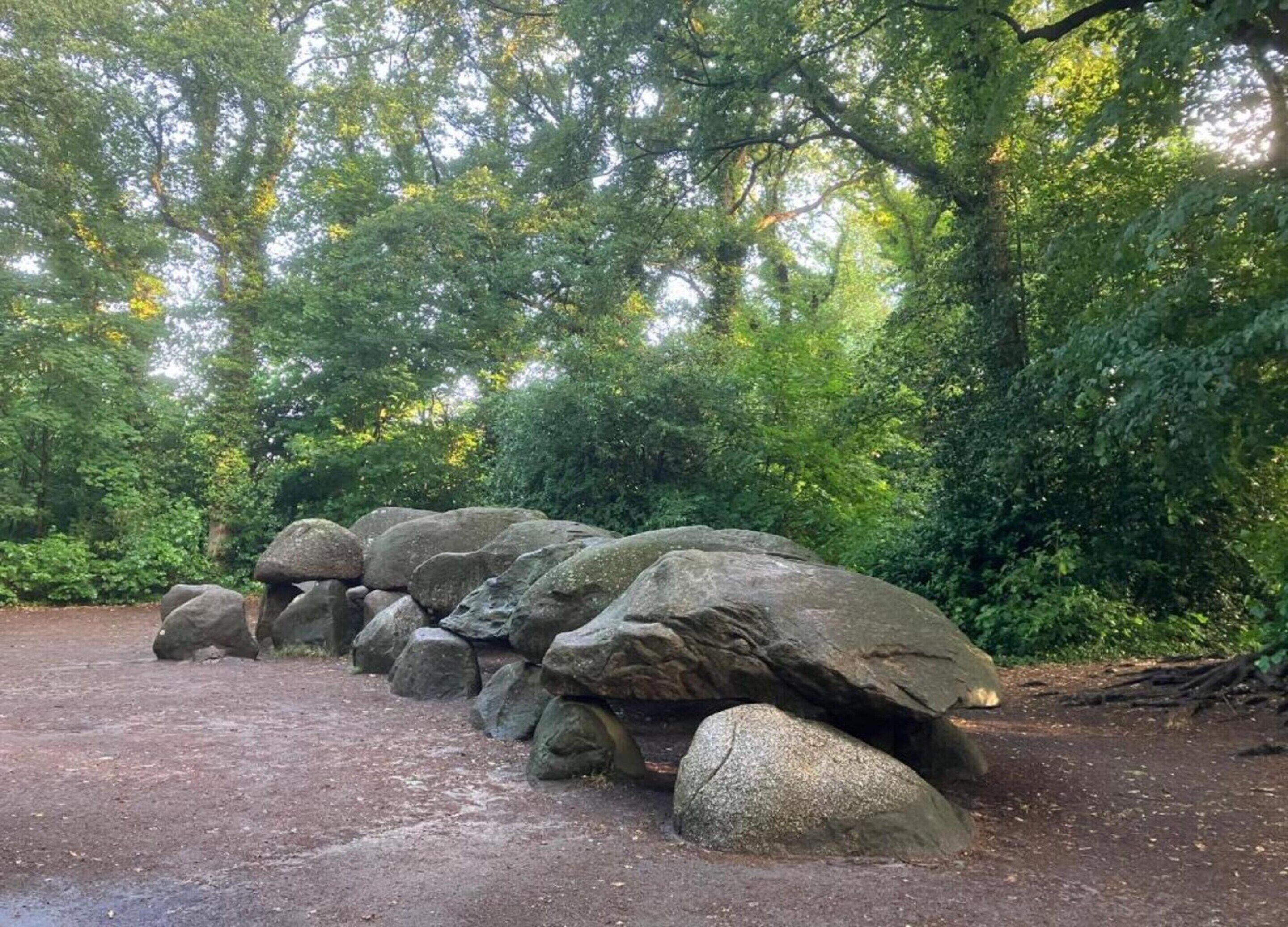 A natural setting with large rocks arranged in a line, surrounded by dense green foliage.