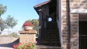 A stone staircase leading to a building entrance with a metal gate.