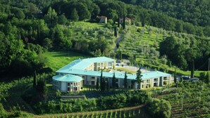 Un grand bâtiment moderne doté d’un toit végétalisé, entouré d’une végétation luxuriante et de champs en terrasses.