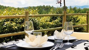 A table set for two with a view of a lush garden and distant mountains. - Apartment in Chianti With Shared Pool (Barberino Tavarnelle)