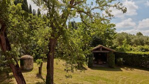 A rustic wooden cabin with a thatched roof, surrounded by lush greenery and trees. - Spacious Tuscan Farmhouse (Peccioli)