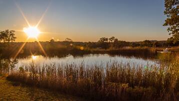 A sunset over a calm body of water with surrounding vegetation and a distant tree line.