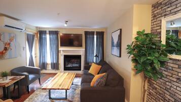 Smart TV, chimenea y libros
