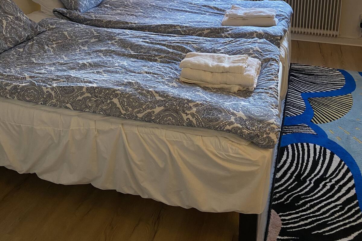 A bedroom with two beds, a window with a view of greenery, a radiator, and a lamp.