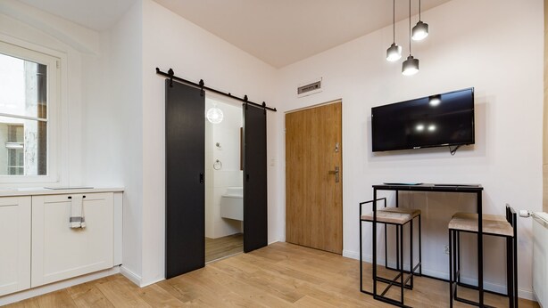 Un interior moderno con zona de cocina, baño con ducha y área de estar con televisor.
