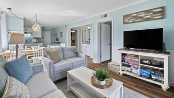 Smart TV, DVD player, books, video library