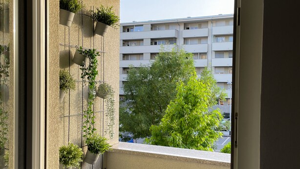 Een balkon met potplanten, uitzicht op een meerlaags gebouw en twee kleine krukjes.