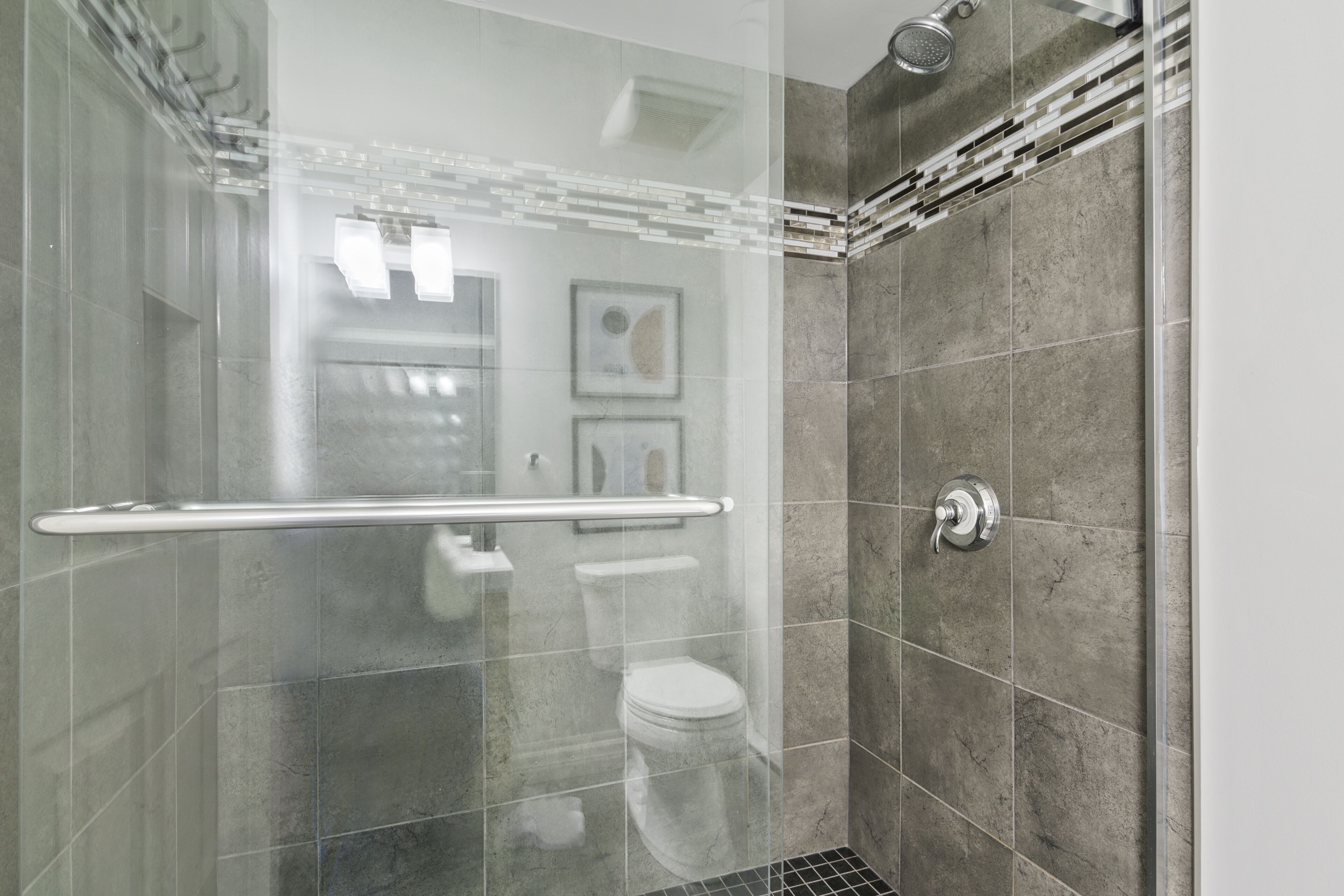 A modern shower area with a glass door, a handrail, and a tiled wall.