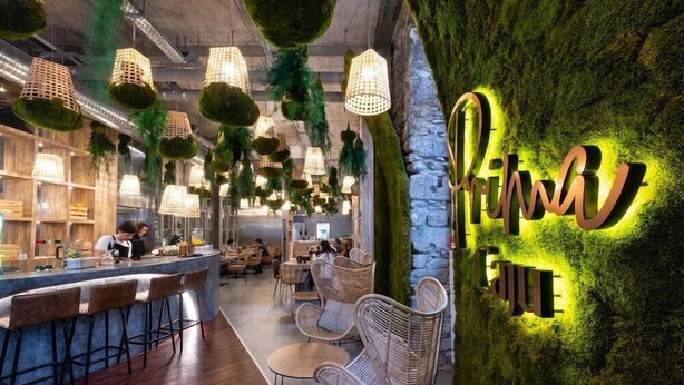 A modern restaurant interior with hanging green plants, wicker furniture, and a neon sign on the wall.